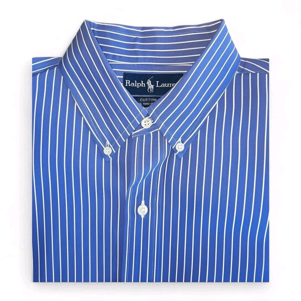 Ralph Lauren Custom Fit Dress Shirt Size XL Blue Striped Button Down Collar